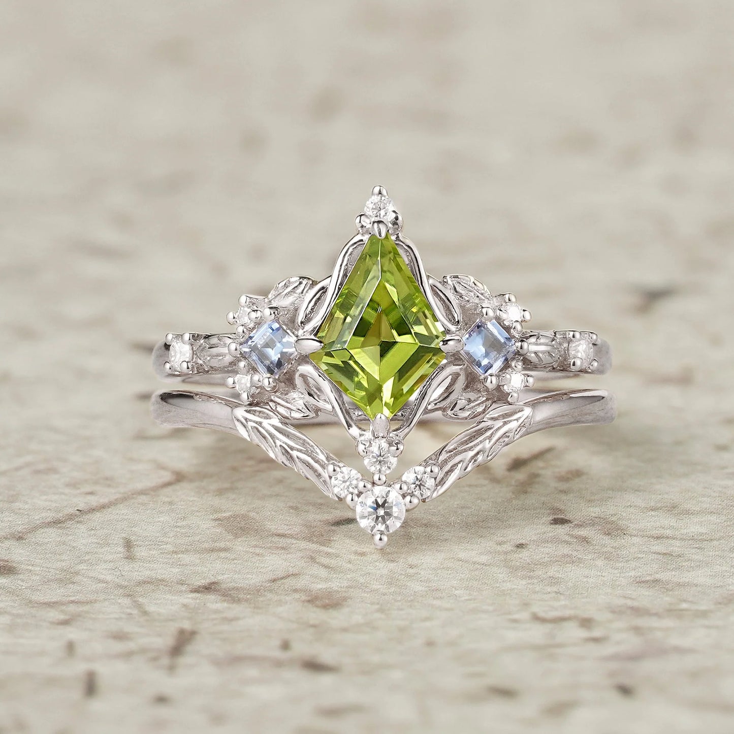 Three-Stone Peridot and Tanzanite Leaf Ring Set-Celestine