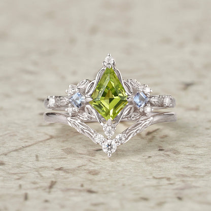 Three-Stone Peridot and Tanzanite Leaf Ring Set-Celestine