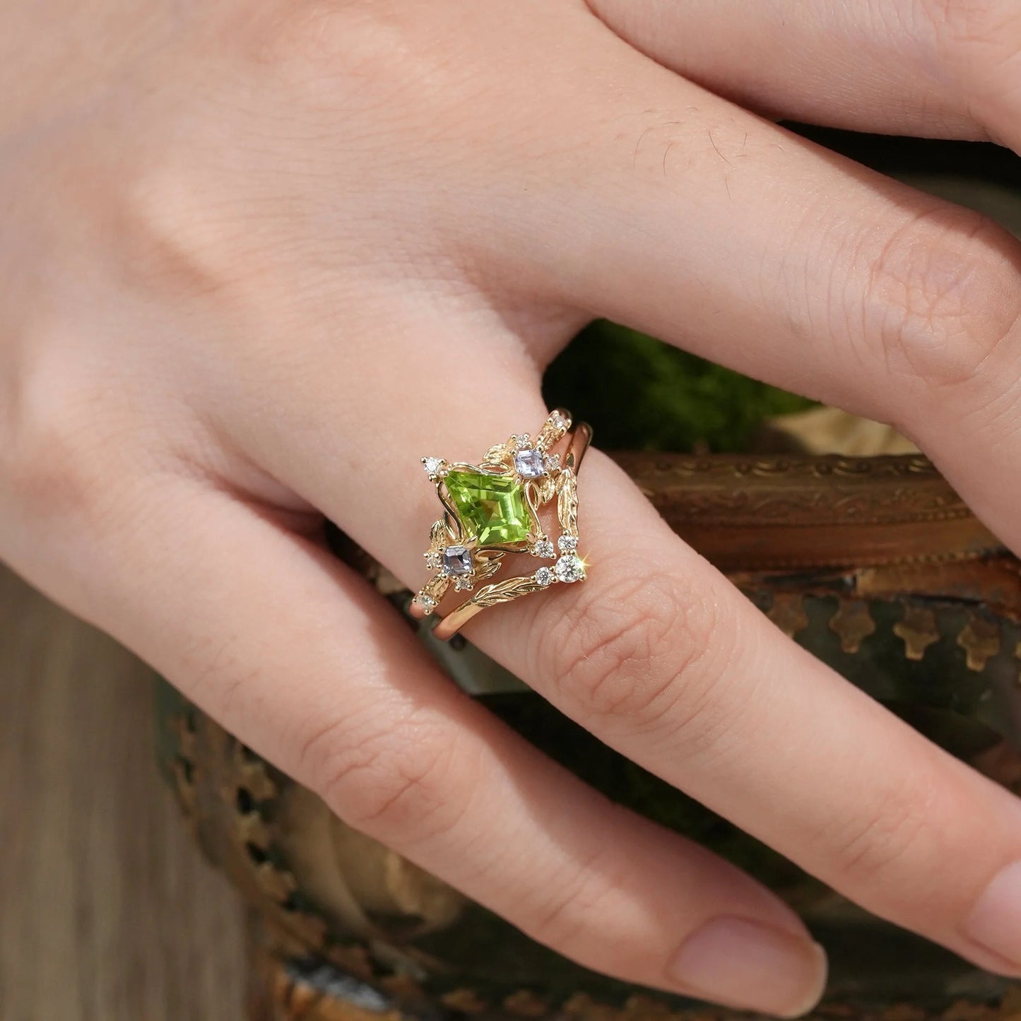 Three-Stone Peridot and Tanzanite Leaf Ring Set-Celestine