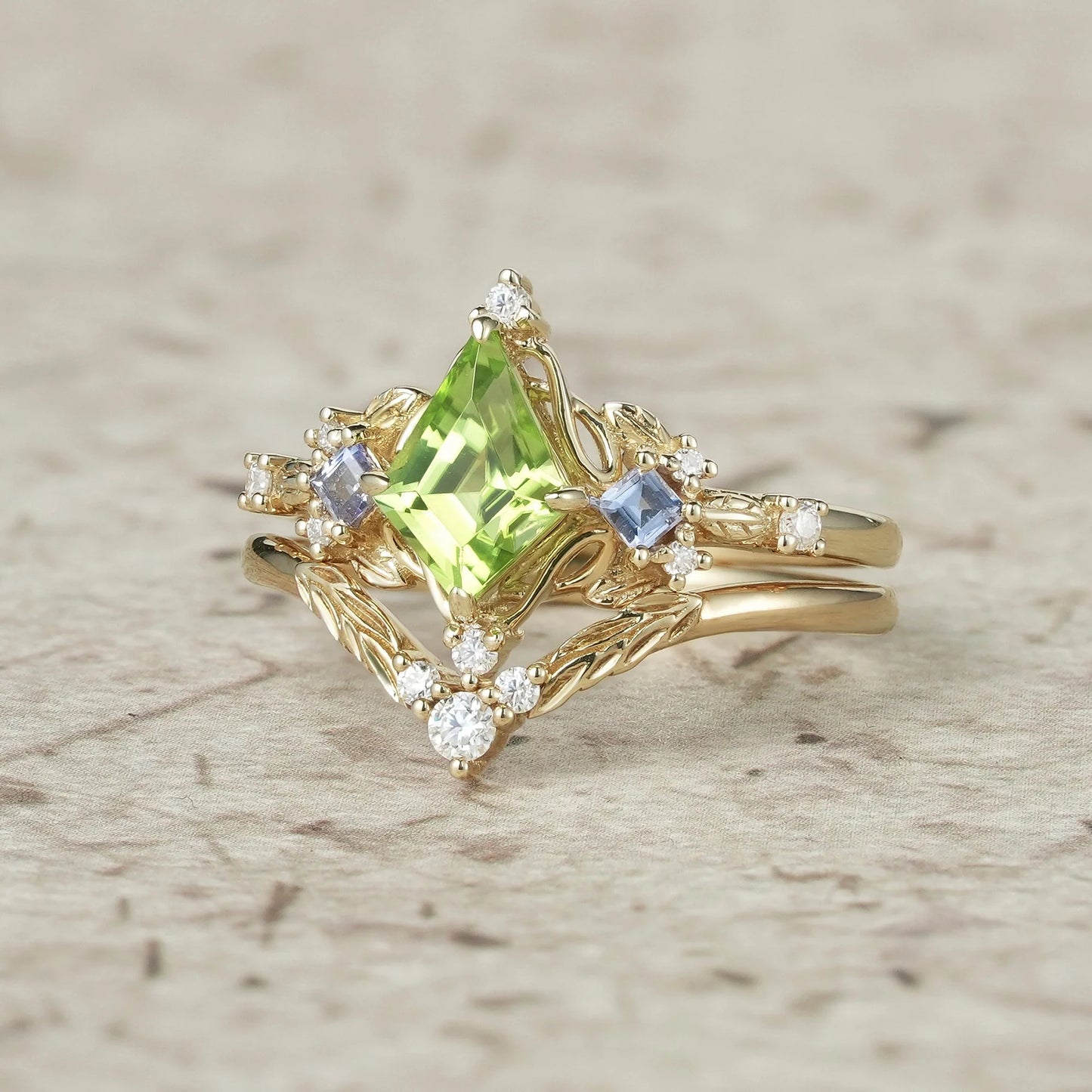 Three-Stone Peridot and Tanzanite Leaf Ring Set-Celestine