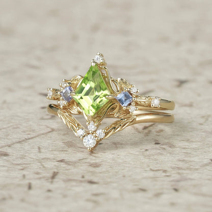 Three-Stone Peridot and Tanzanite Leaf Ring Set-Celestine