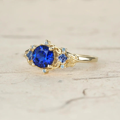 Three Stone Royal Blue Sapphire Engagement Ring - Estelle