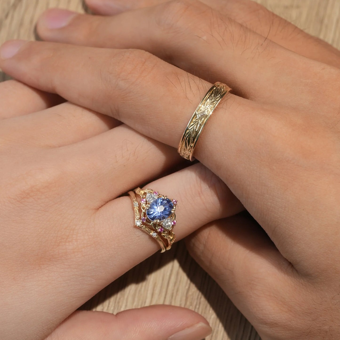 Three-Stone Sparkle Cut Cornflower Sapphire Couple Ring-His & Hers