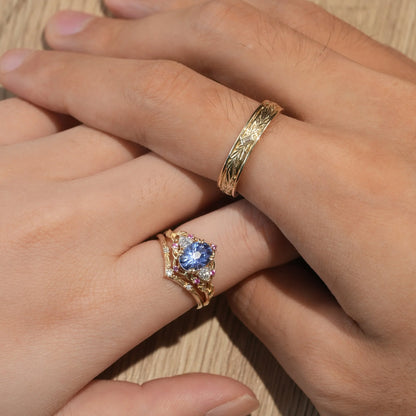 Three-Stone Sparkle Cut Cornflower Sapphire Couple Ring-His & Hers