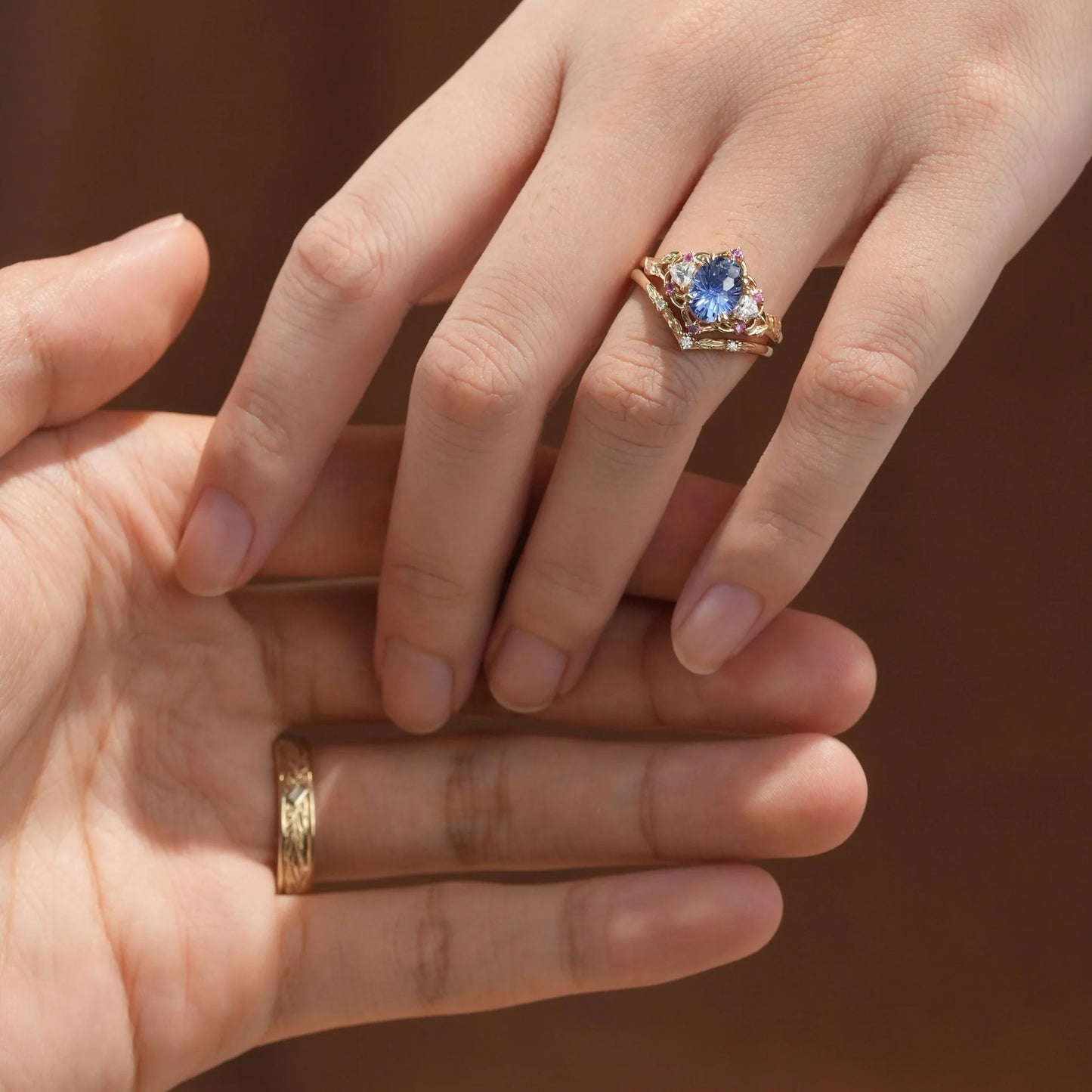 Three-Stone Sparkle Cut Cornflower Sapphire Couple Ring-His & Hers