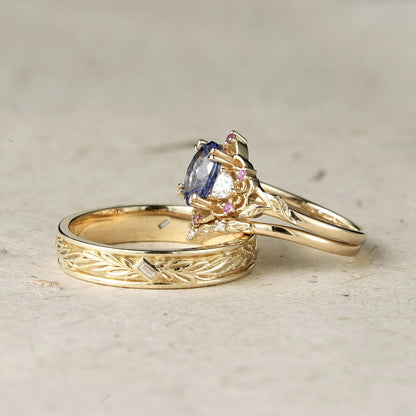 Three-Stone Sparkle Cut Cornflower Sapphire Couple Ring-His & Hers