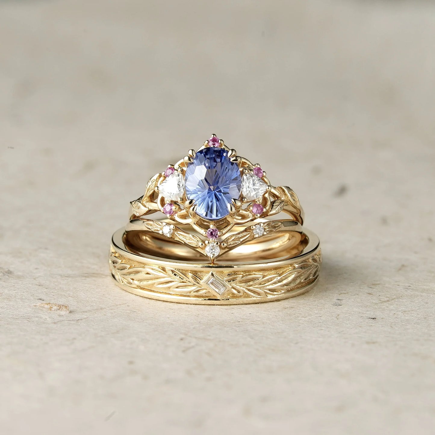 Three-Stone Sparkle Cut Cornflower Sapphire Couple Ring-His & Hers