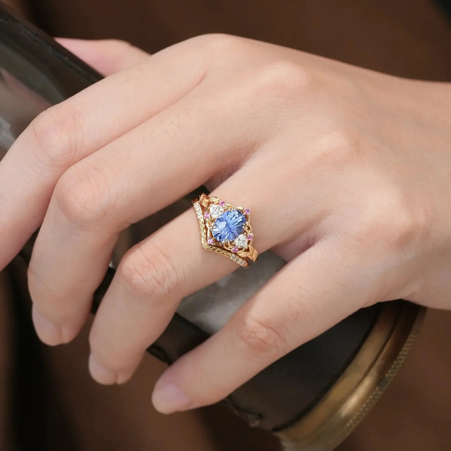 Three-Stone Sparkle Cut Sapphire and Moissanite Vintage Bridal Set - Gemma