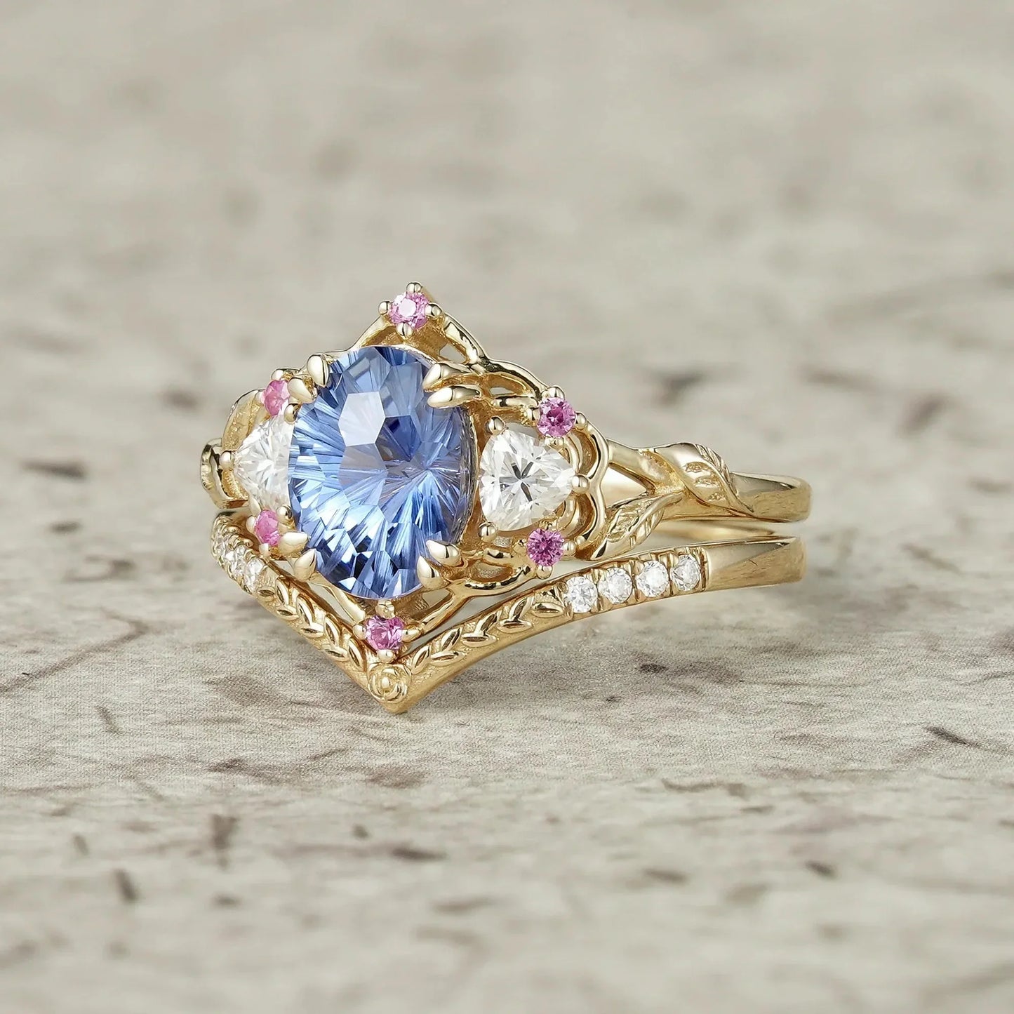 Three-Stone Sparkle Cut Sapphire and Moissanite Vintage Bridal Set - Gemma