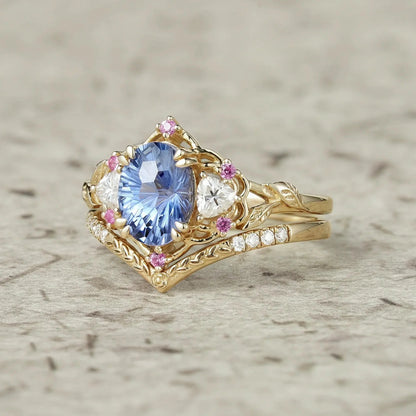 Three-Stone Sparkle Cut Sapphire and Moissanite Vintage Bridal Set - Gemma