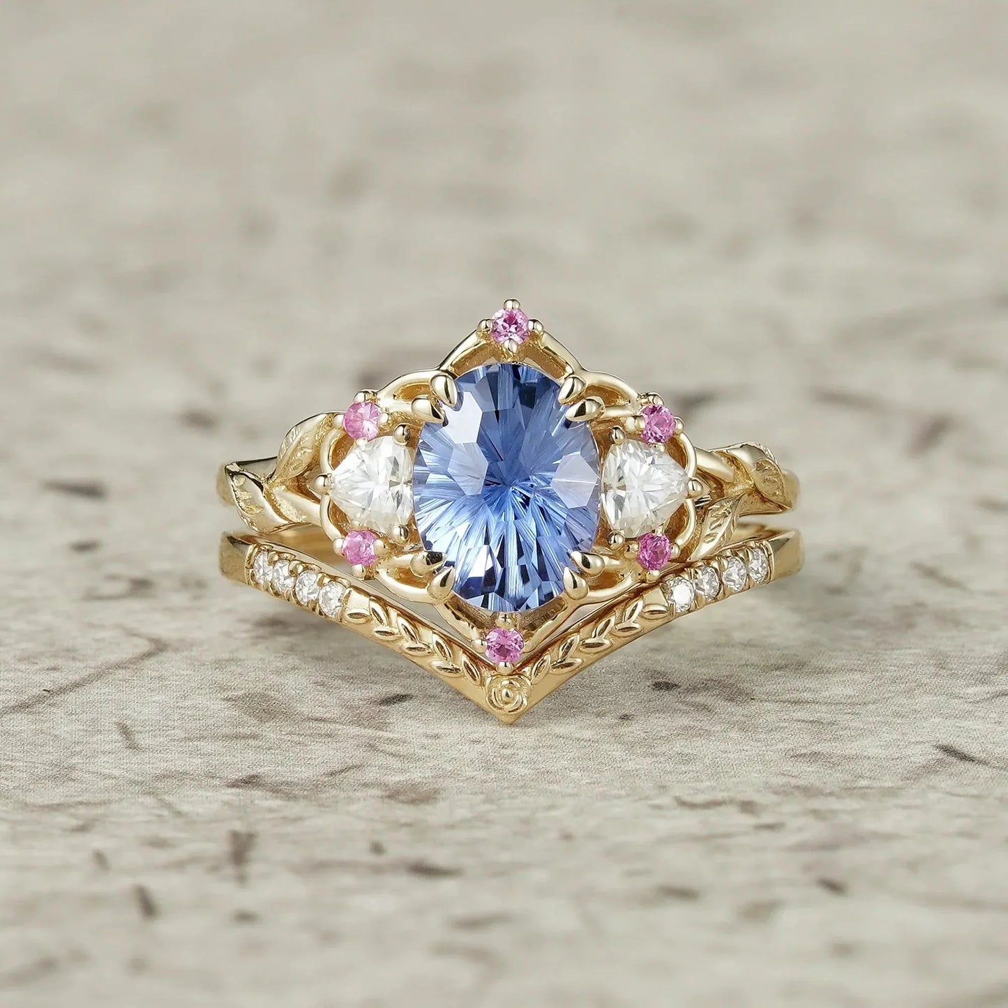 Three-Stone Sparkle Cut Sapphire and Moissanite Vintage Bridal Set - Gemma