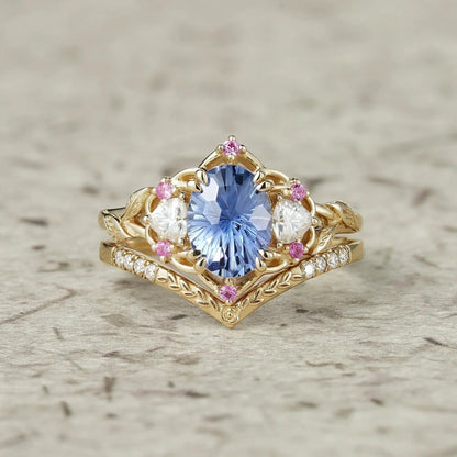 Three-Stone Sparkle Cut Sapphire and Moissanite Vintage Bridal Set - Gemma