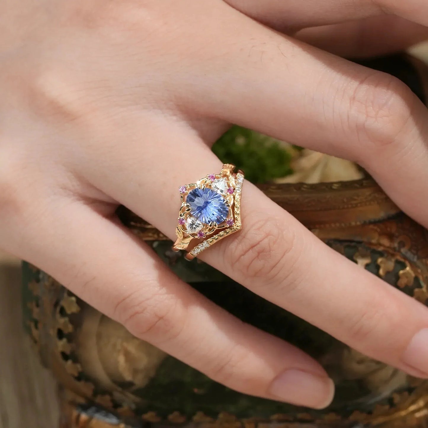 Three-Stone Sparkle Cut Sapphire and Moissanite Vintage Bridal Set - Gemma
