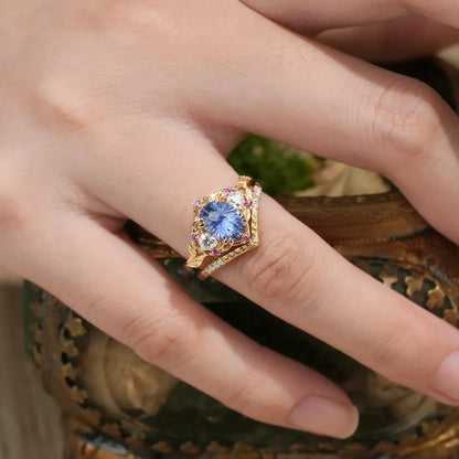Three-Stone Sparkle Cut Sapphire and Moissanite Vintage Bridal Set - Gemma