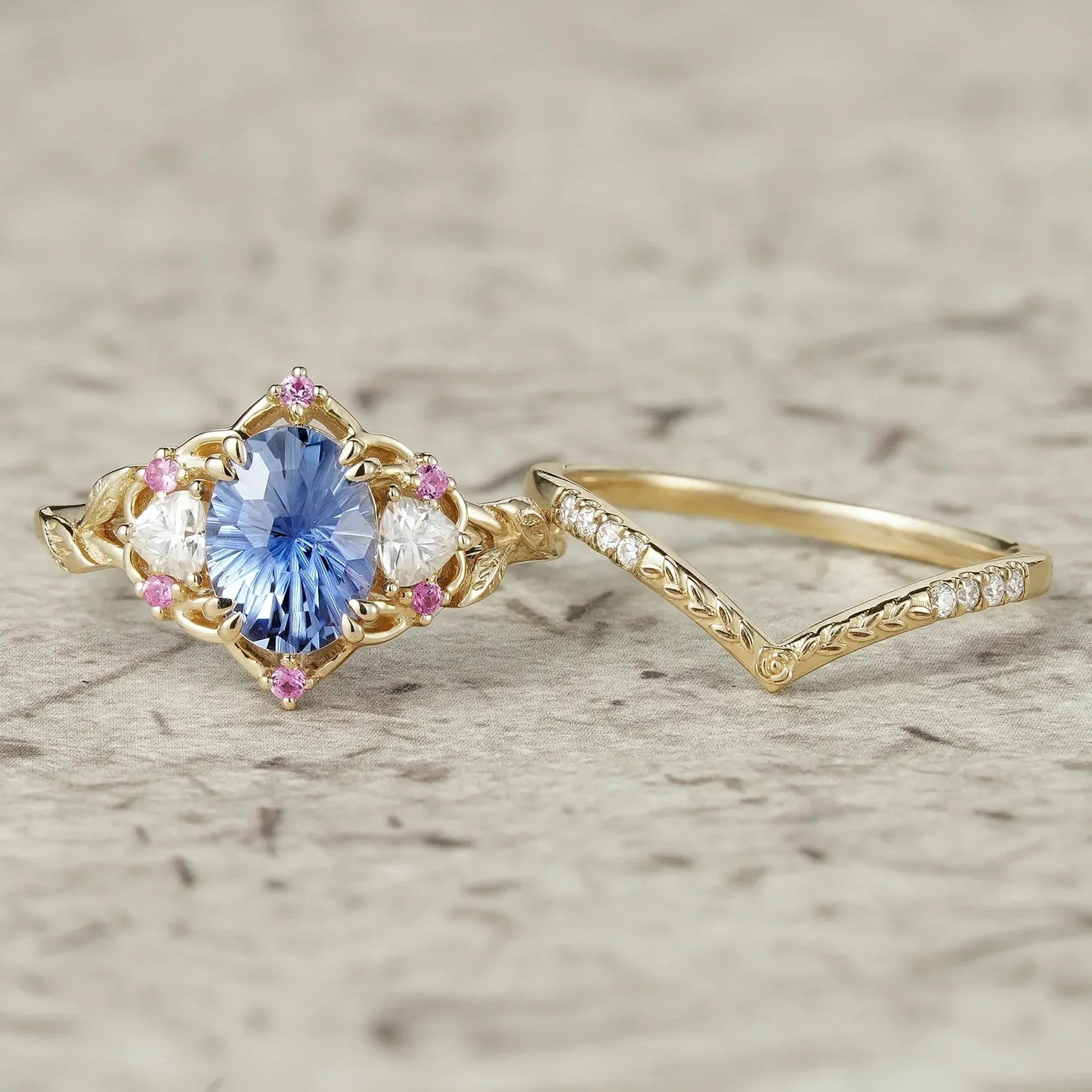 Three-Stone Sparkle Cut Sapphire and Moissanite Vintage Bridal Set - Gemma
