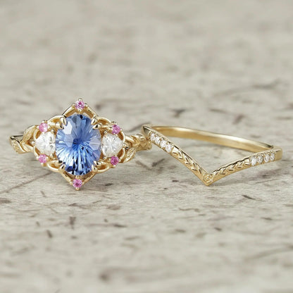 Three-Stone Sparkle Cut Sapphire and Moissanite Vintage Bridal Set - Gemma