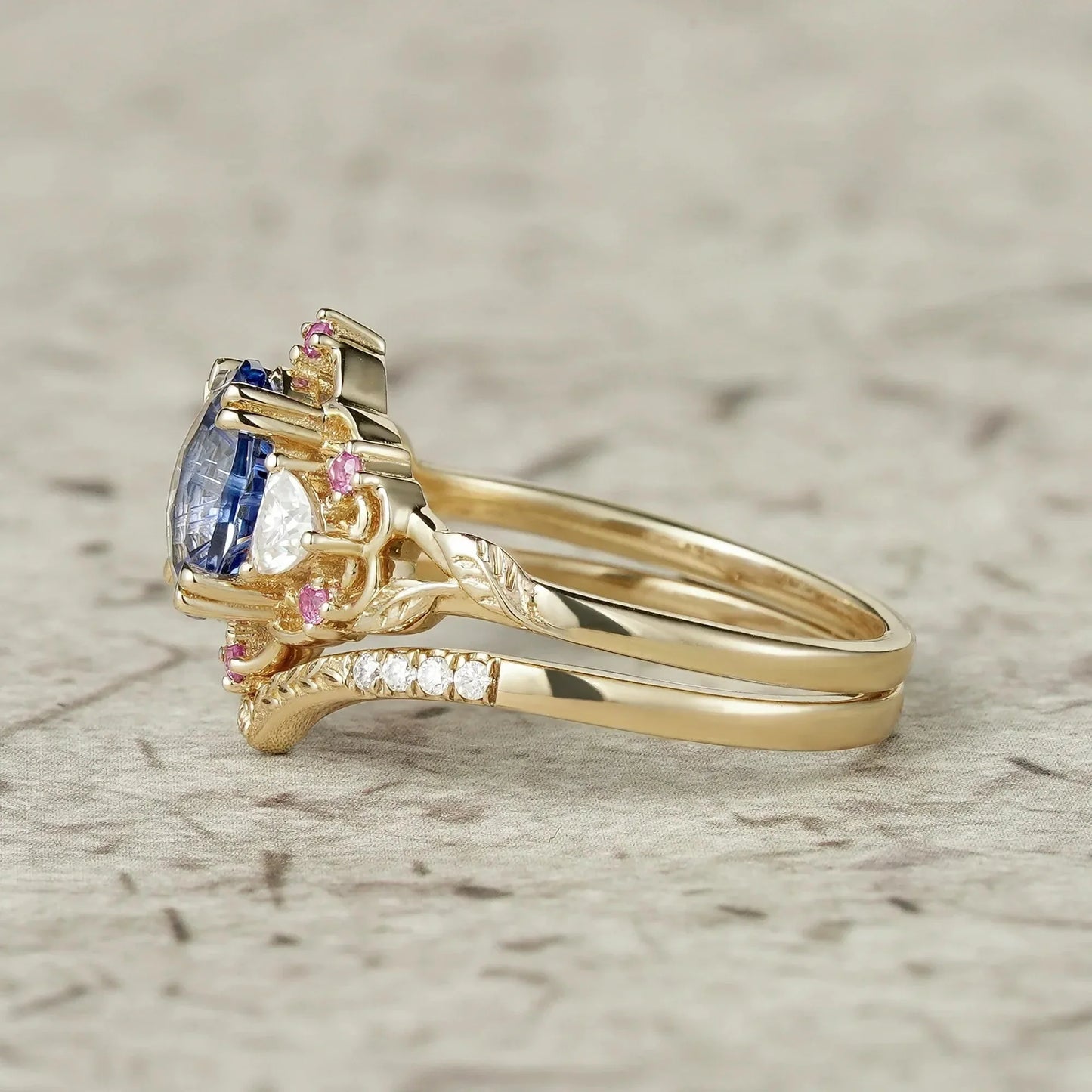 Three-Stone Sparkle Cut Sapphire and Moissanite Vintage Bridal Set - Gemma