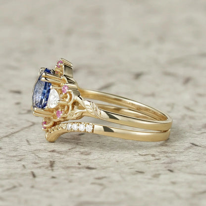 Three-Stone Sparkle Cut Sapphire and Moissanite Vintage Bridal Set - Gemma