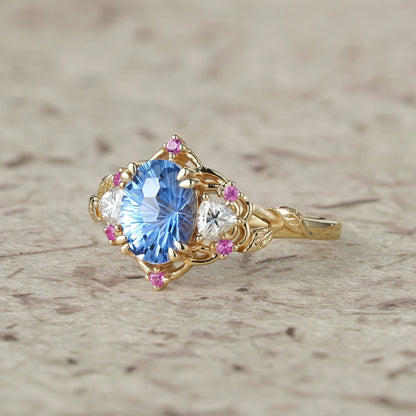 Three-Stone Sparkle Cut Sapphire Engagement Ring - Audrey