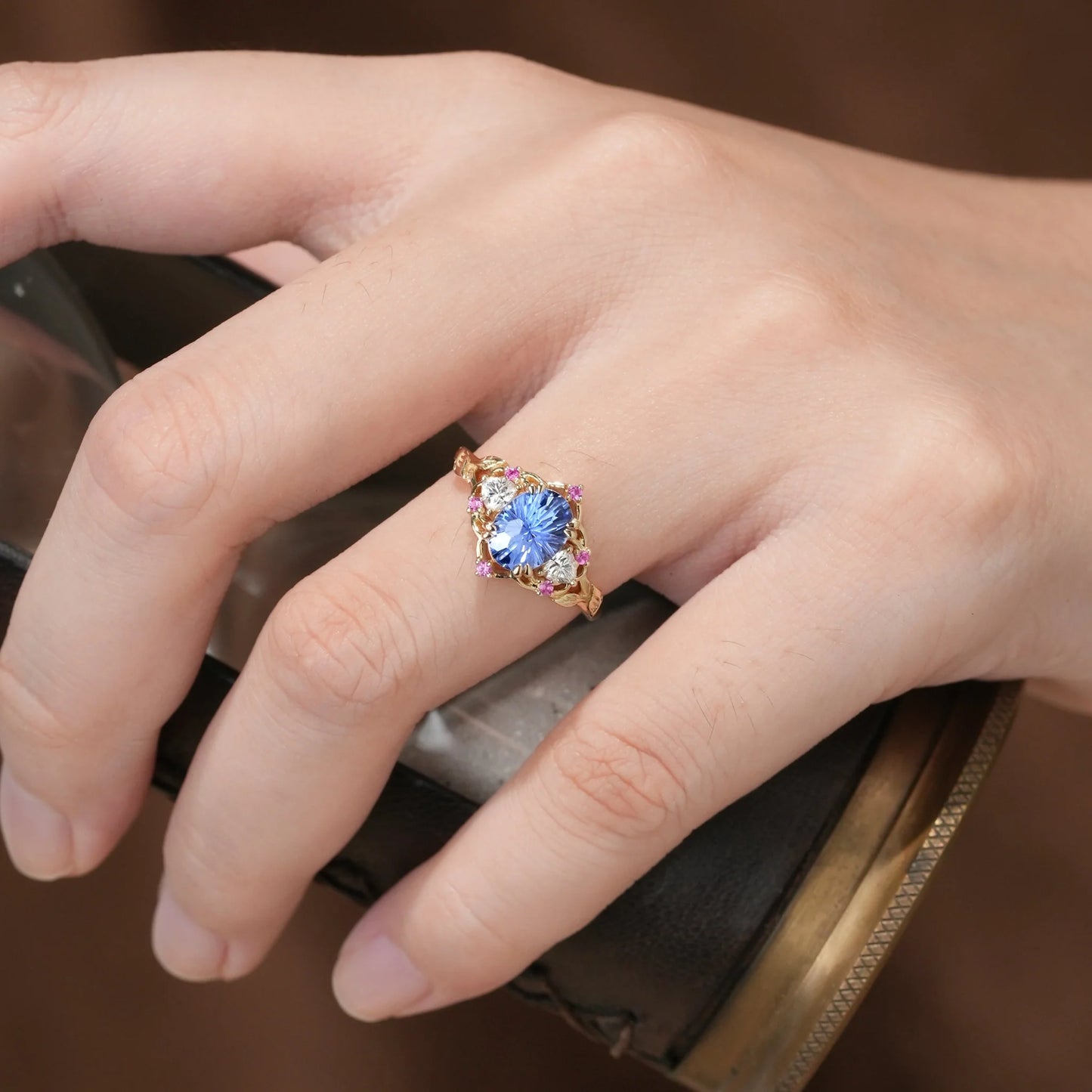 Three-Stone Sparkle Cut Sapphire Engagement Ring - Audrey