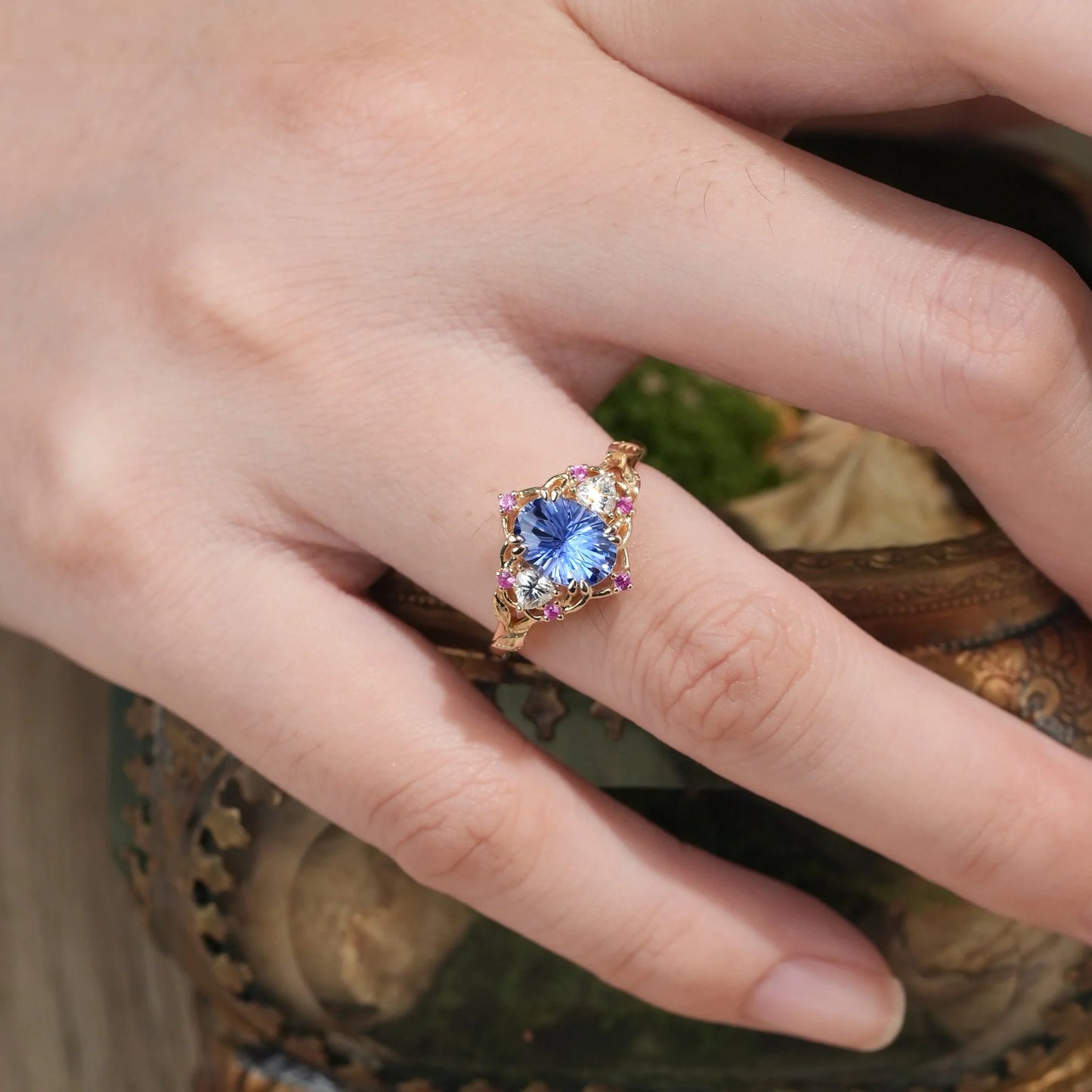 Three-Stone Sparkle Cut Sapphire Engagement Ring - Audrey