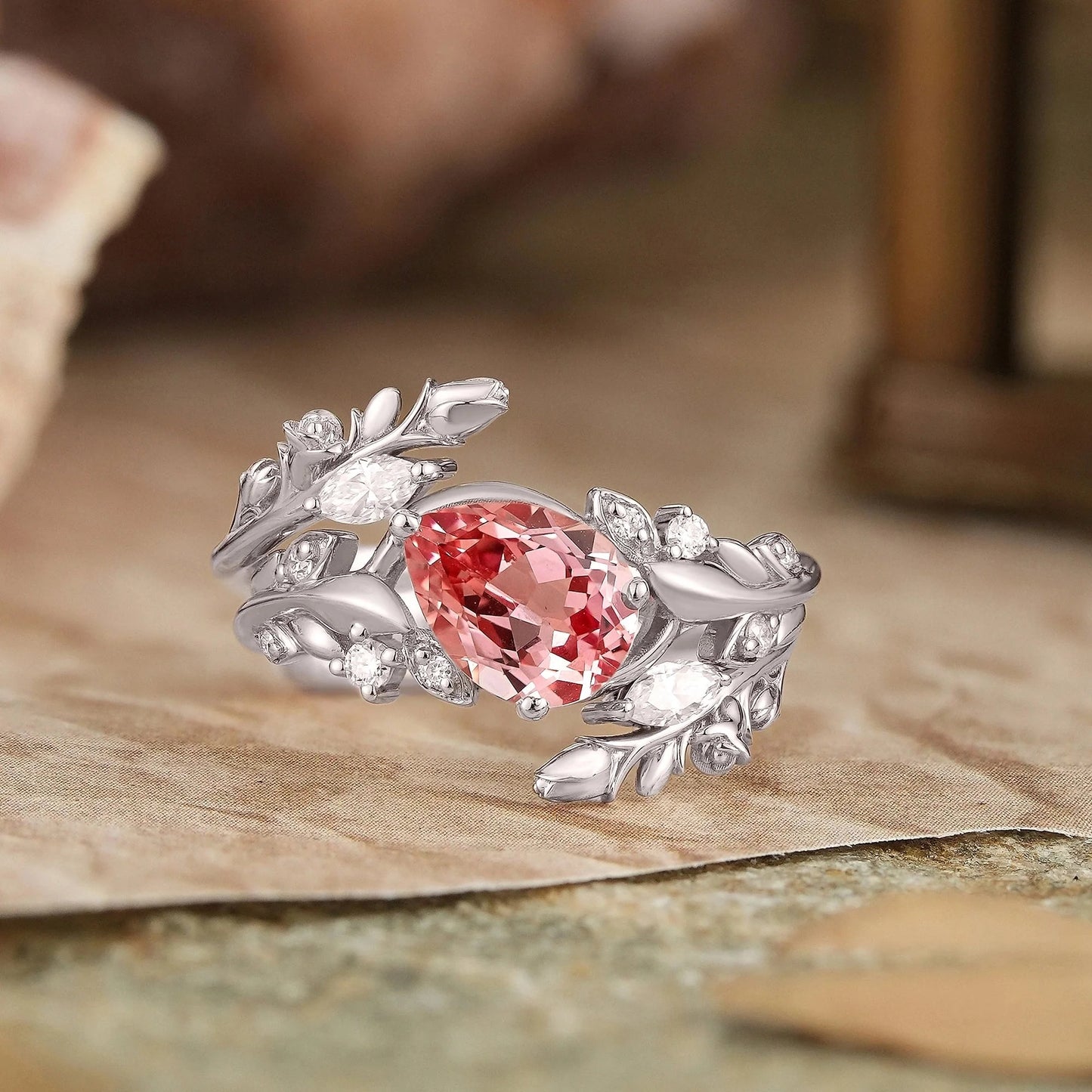 Tilted Pear Cut Pink Padparadscha Flower Inspired Enhancer Bridal Ring Set - Diana | GemsMagic