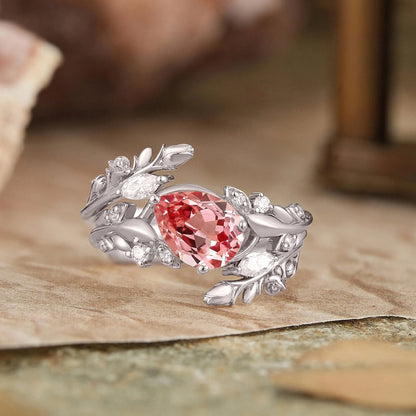 Tilted Pear Cut Pink Padparadscha Flower Inspired Enhancer Bridal Ring Set - Diana | GemsMagic