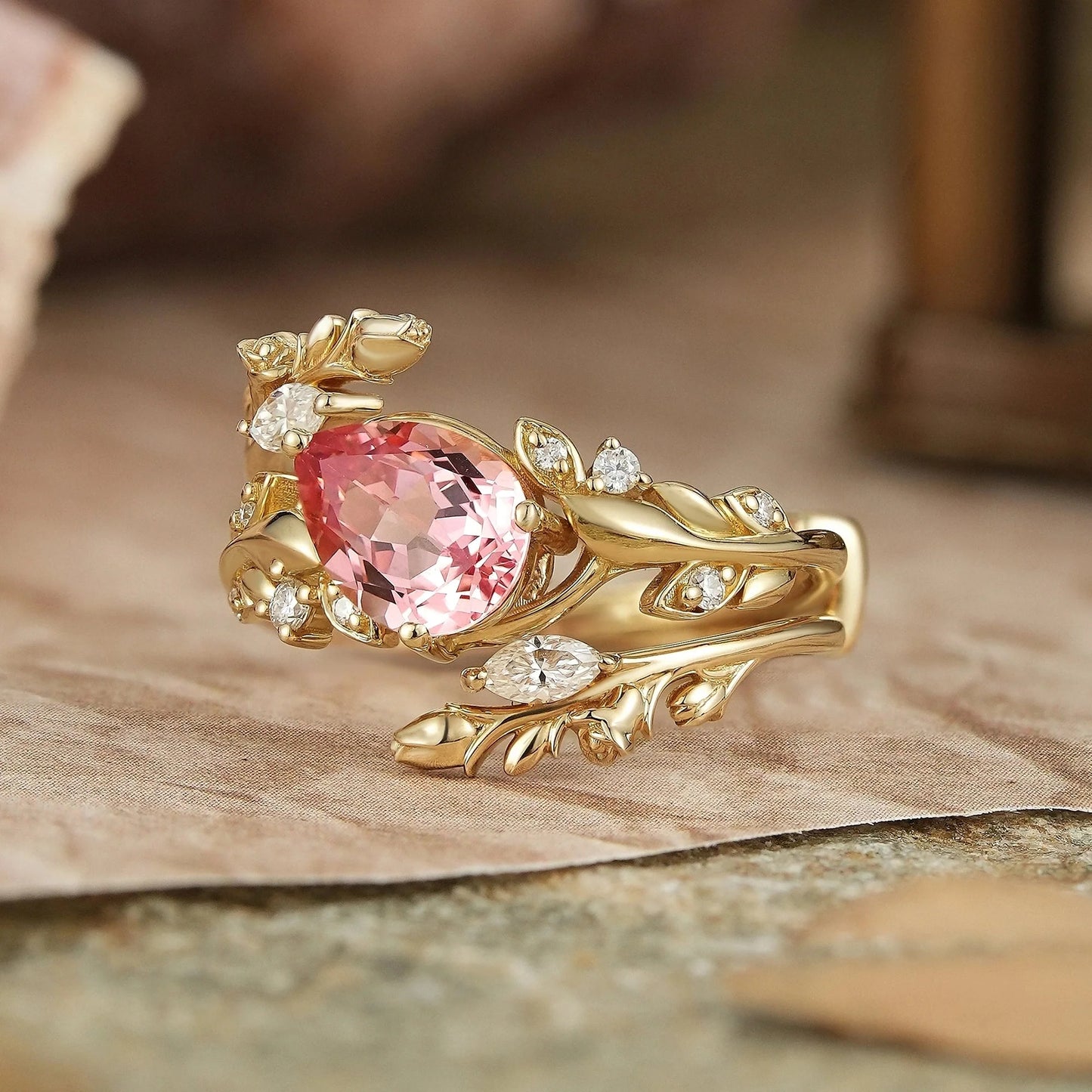 Tilted Pear Cut Pink Padparadscha Flower Inspired Enhancer Bridal Ring Set - Diana | GemsMagic