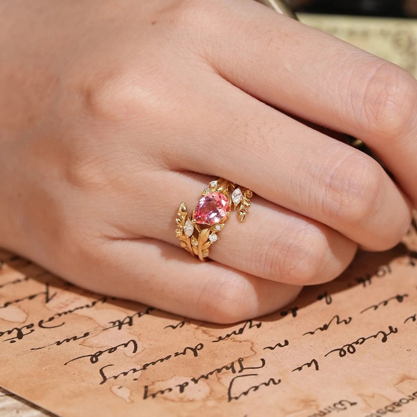 Tilted Pear Cut Pink Padparadscha Flower Inspired Enhancer Bridal Ring Set - Diana | GemsMagic