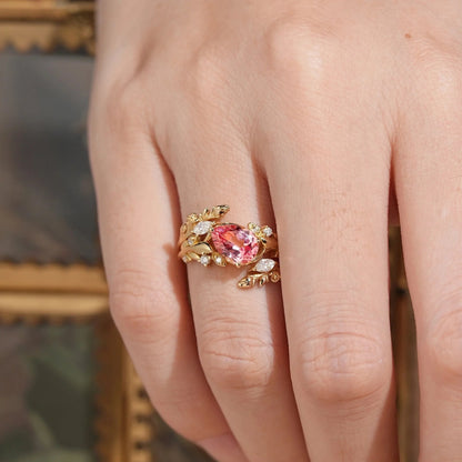 Tilted Pear Cut Pink Padparadscha Flower Inspired Enhancer Bridal Ring Set - Diana | GemsMagic