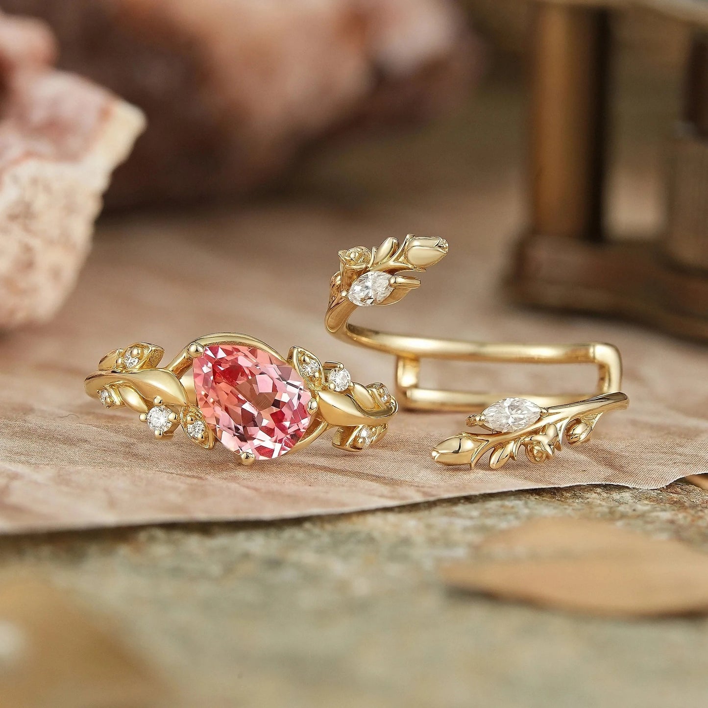 Tilted Pear Cut Pink Padparadscha Flower Inspired Enhancer Bridal Ring Set - Diana | GemsMagic