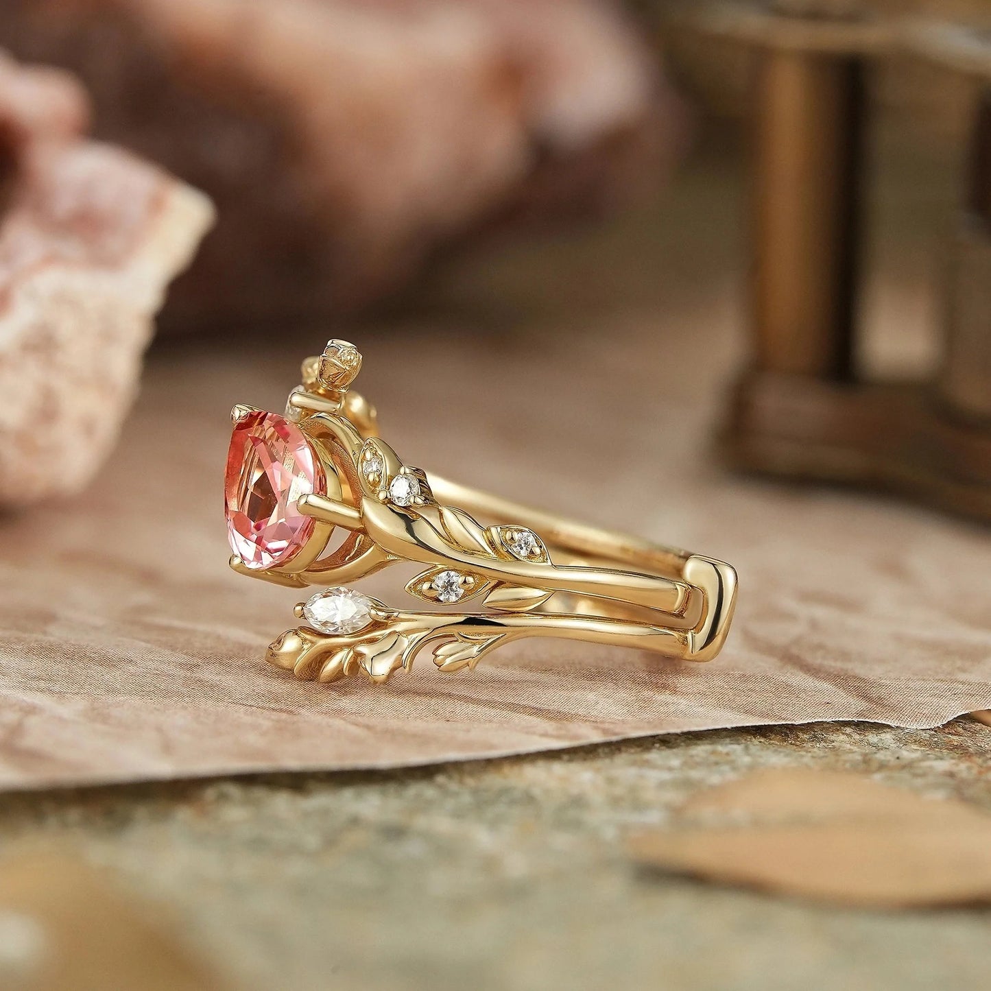 Tilted Pear Cut Pink Padparadscha Flower Inspired Enhancer Bridal Ring Set - Diana | GemsMagic