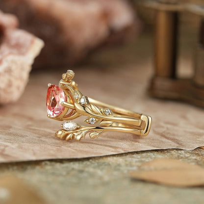 Tilted Pear Cut Pink Padparadscha Flower Inspired Enhancer Bridal Ring Set - Diana | GemsMagic