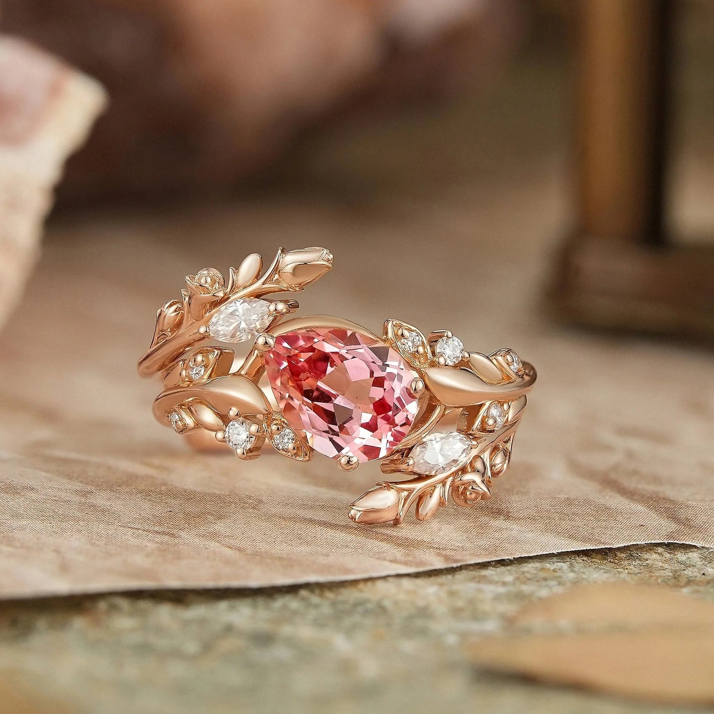 Tilted Pear Cut Pink Padparadscha Flower Inspired Enhancer Bridal Ring Set - Diana | GemsMagic