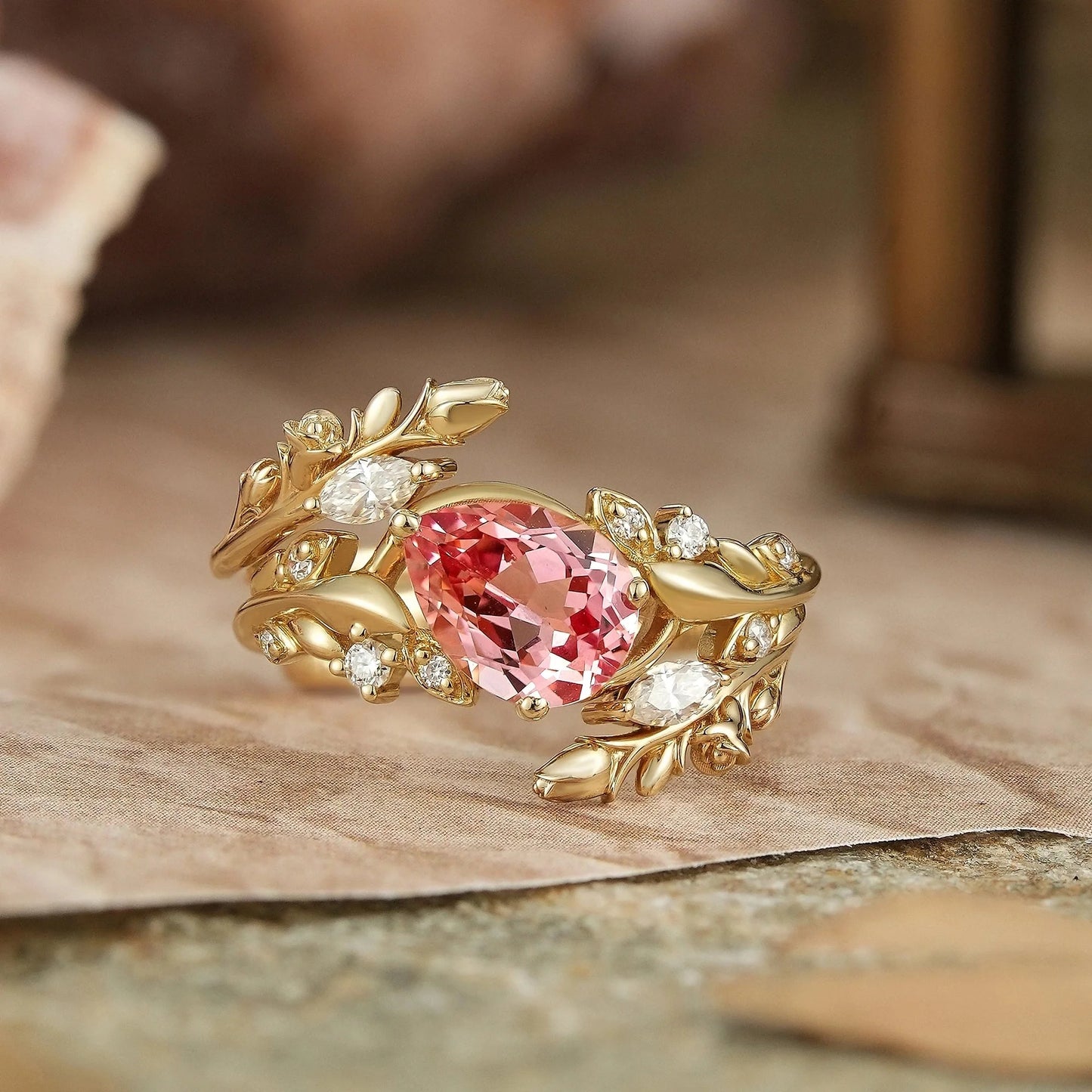 Tilted Pear Cut Pink Padparadscha Flower Inspired Enhancer Bridal Ring Set - Diana | GemsMagic