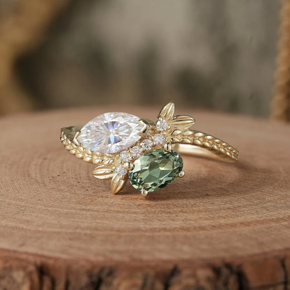 Two - Stone Moissanite and Green Sapphire Engagement Ring-Nana