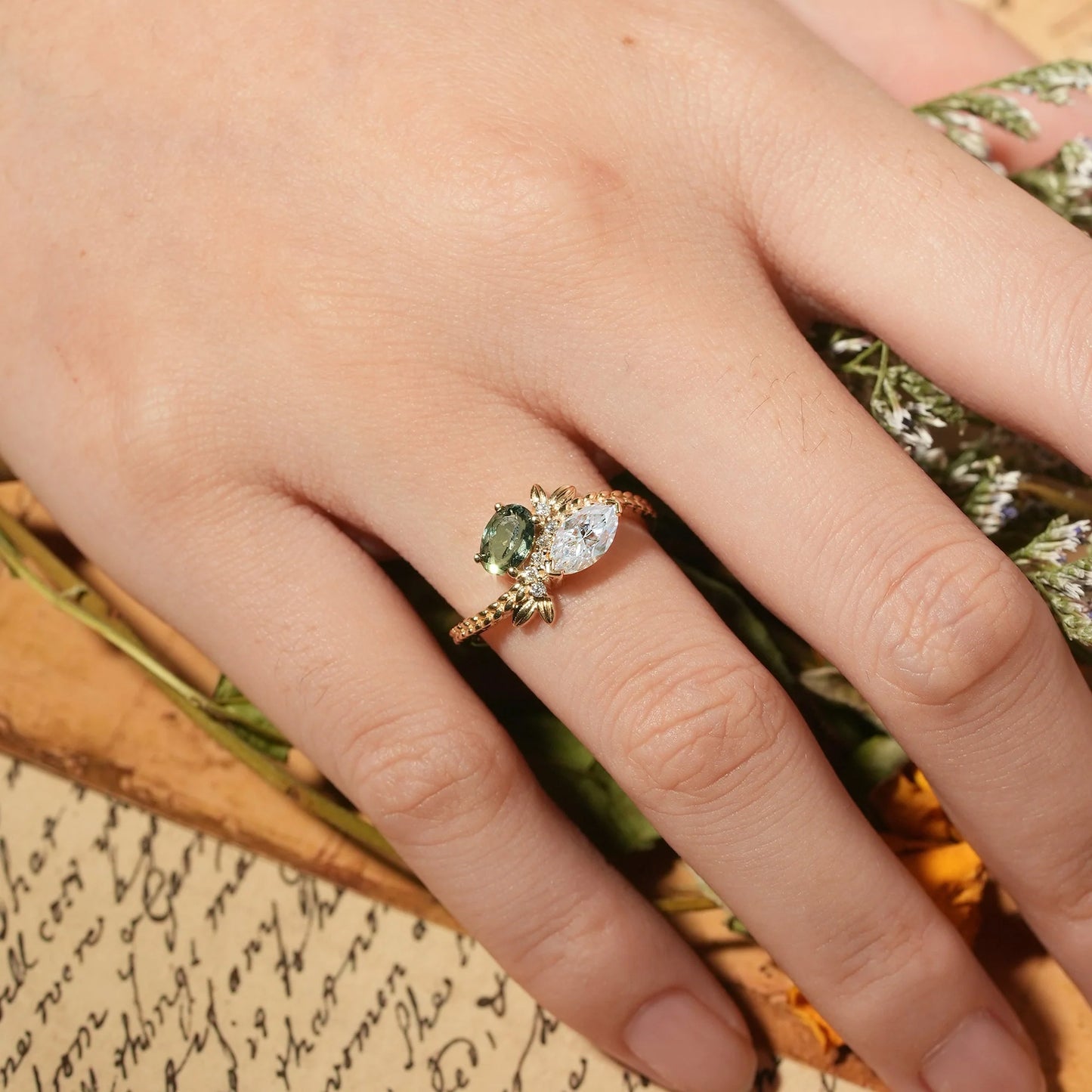 Two - Stone Moissanite and Green Sapphire Engagement Ring-Nana