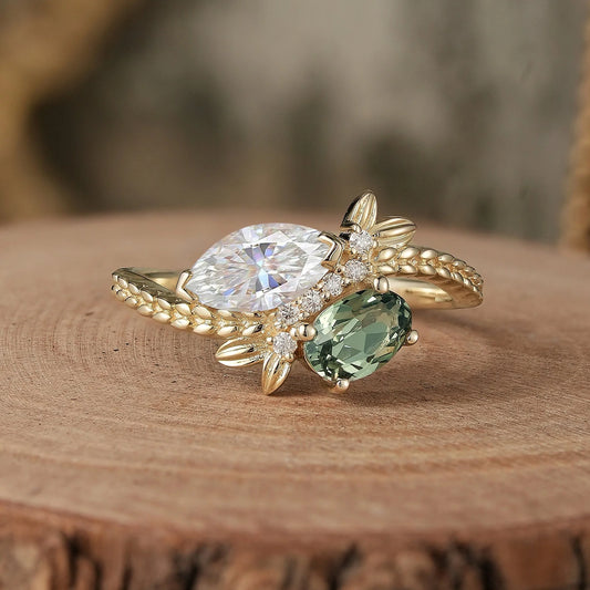 Two - Stone Moissanite and Green Sapphire Engagement Ring-Nana