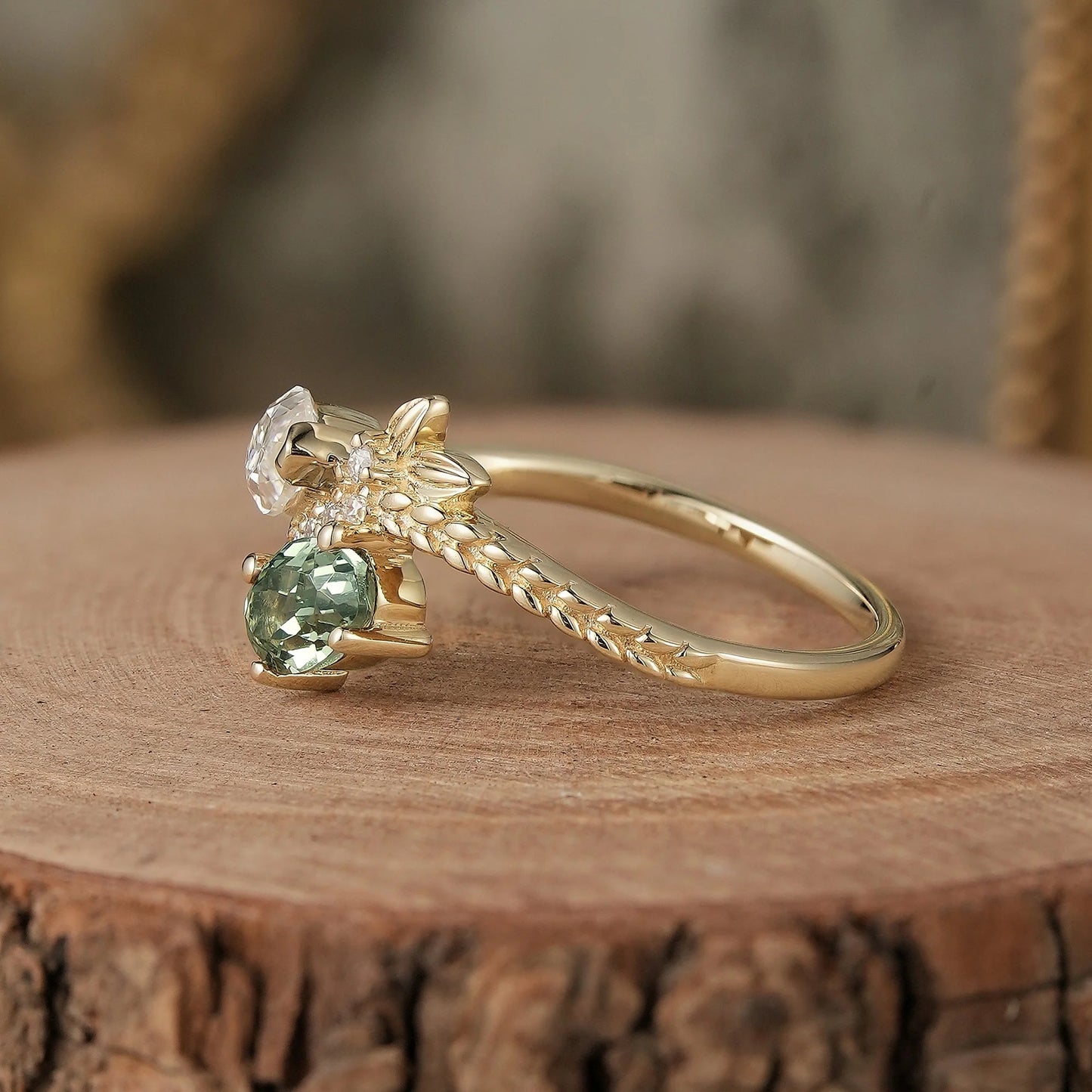 Two - Stone Moissanite and Green Sapphire Engagement Ring-Nana