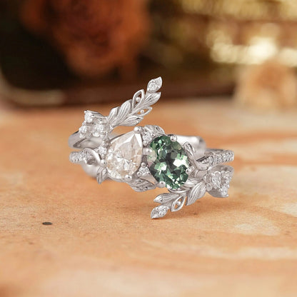 Two - Stone Pear Moissanite and Oval Green Sapphire Toi Et Moi Leaf Bridal Ring Set - GemsMagic