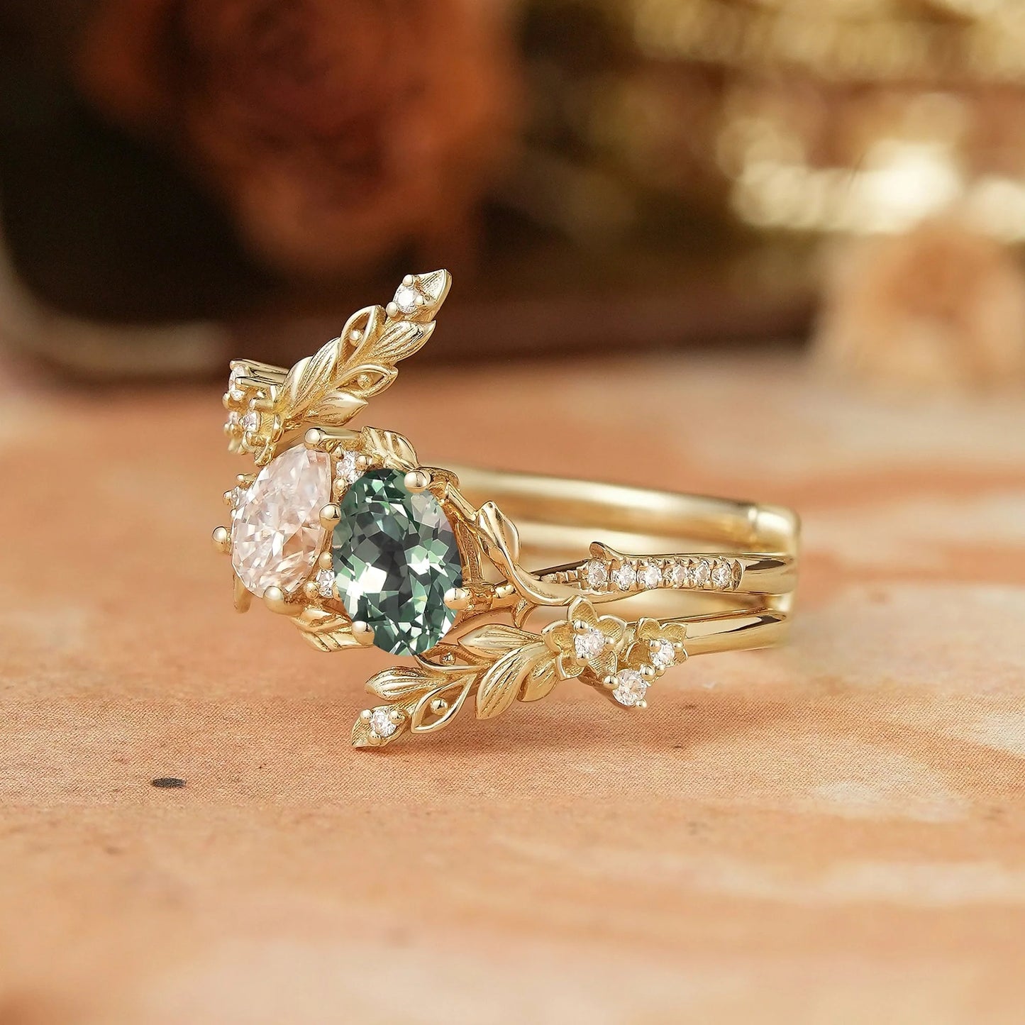 Two - Stone Pear Moissanite and Oval Green Sapphire Toi Et Moi Leaf Bridal Ring Set - GemsMagic