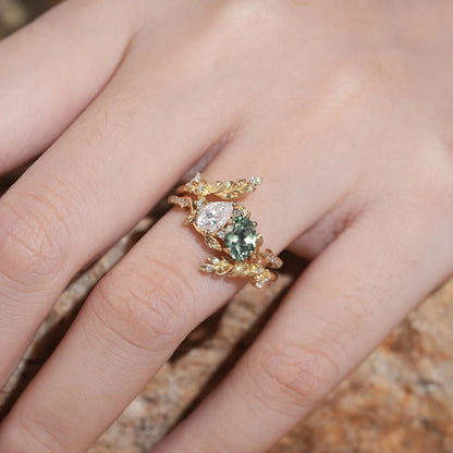 Two - Stone Pear Moissanite and Oval Green Sapphire Toi Et Moi Leaf Bridal Ring Set - GemsMagic