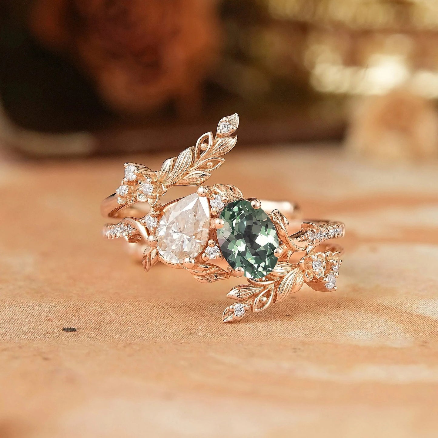 Two - Stone Pear Moissanite and Oval Green Sapphire Toi Et Moi Leaf Bridal Ring Set - GemsMagic