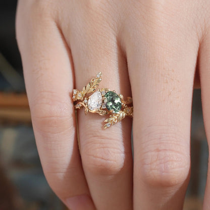 Two - Stone Pear Moissanite and Oval Green Sapphire Toi Et Moi Leaf Bridal Ring Set - GemsMagic