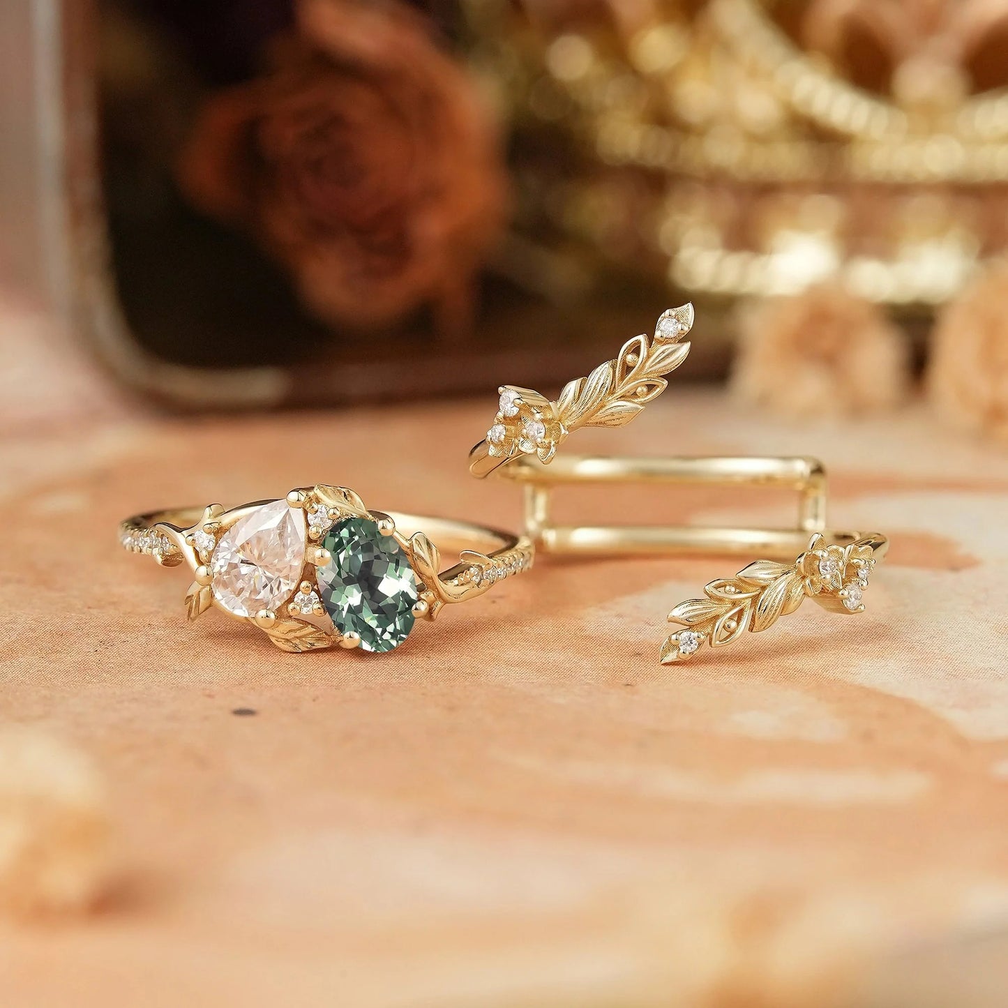 Two - Stone Pear Moissanite and Oval Green Sapphire Toi Et Moi Leaf Bridal Ring Set - GemsMagic