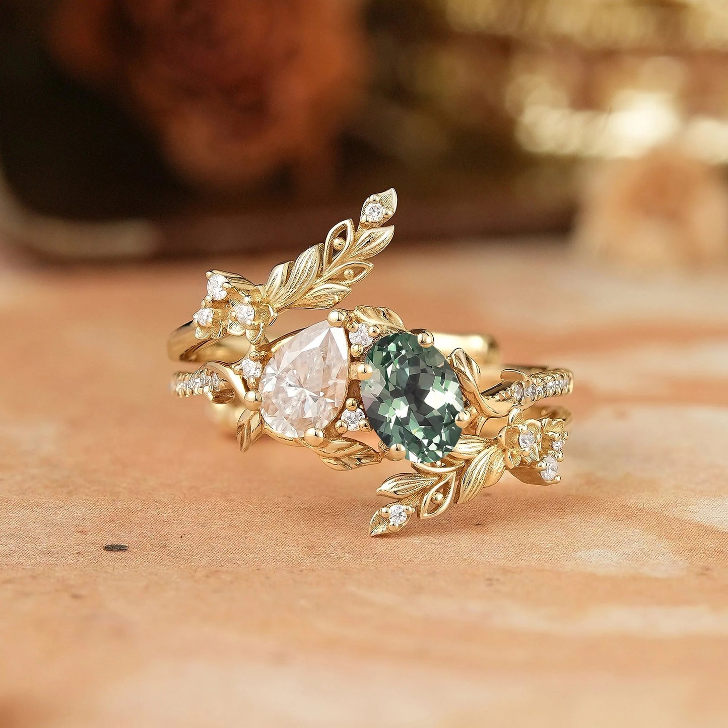 Two - Stone Pear Moissanite and Oval Green Sapphire Toi Et Moi Leaf Bridal Ring Set - GemsMagic