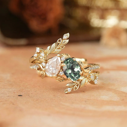 Two - Stone Pear Moissanite and Oval Green Sapphire Toi Et Moi Leaf Bridal Ring Set - GemsMagic