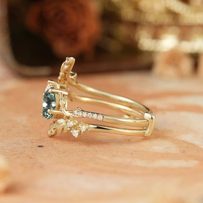 Two - Stone Pear Moissanite and Oval Green Sapphire Toi Et Moi Leaf Bridal Ring Set - GemsMagic