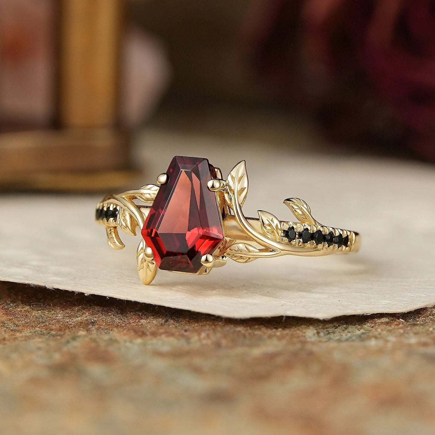 Unique Coffin Cut Garnet And Black Onyx Leaf Inspired Engagement Ring