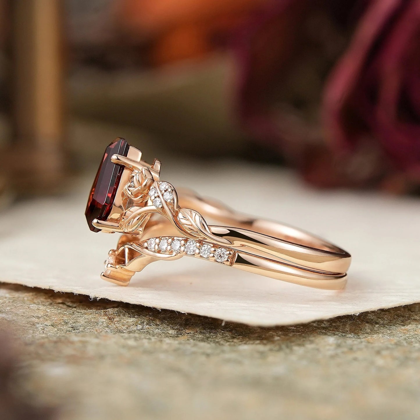 Unique Coffin Cut Garnet Nature Inspired Bat Wing Bridal Ring Set - GemsMagic